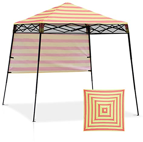 EAGLE PEAK 8x8 Pop Up Canopy Tent with Sidewall, Compact, Portable Slant Leg Instant Sun Shelter for Beach, Sports, & Camping, 8x8 Base 6x6 Top, Orange Yellow Stripe