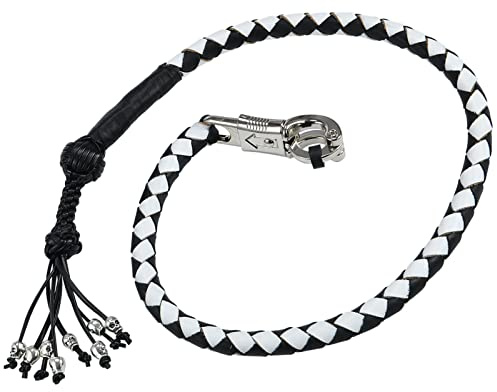 Dream Apparel Frustino da motociclista in vera pelle per manubrio, frusta per moto, con frange e teschi, 106,7 cm, nero e bianco