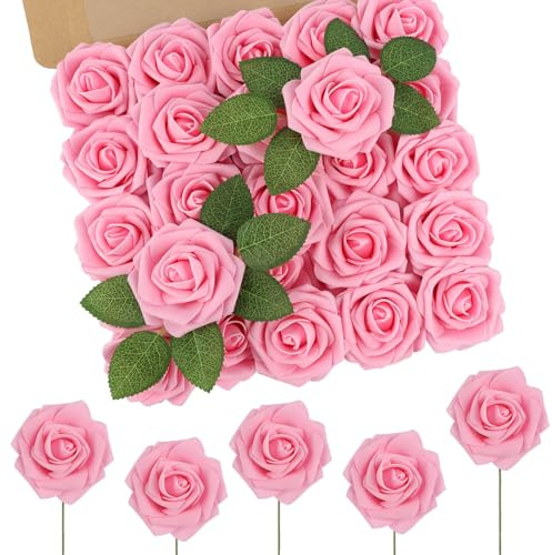N&T NIETING Künstliche Blumen Rose, 25 Stück Deko Blumen Fake Rosen mit Stielen für DIY-Hochzeitssträuße, Brautparty-Mittelstücke, Blumenarrangements, Partytische, Heimdekorationen, Rosa