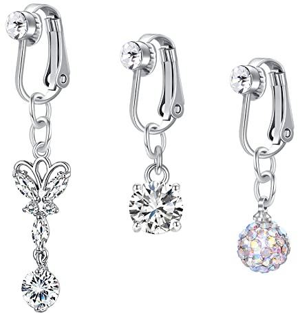 3pcs Clip de sur des Anneaux de Nombril Non percés Faux Nombril perçant Le Coeur Argent Papillon se Jette des Bijoux de Piercing
