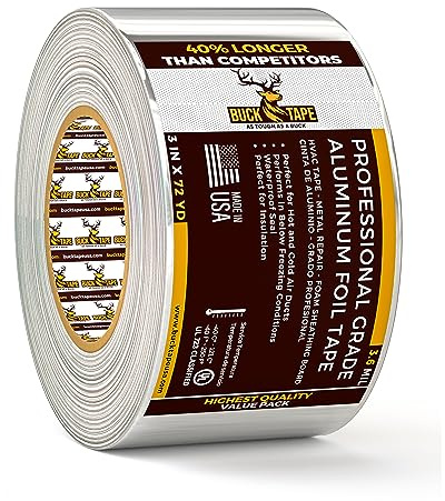 Buck Aluminum Foil Tape – 3 Inch x 216ft (72 yd), 3.6 Mil – HVAC Tape for Ductwork, AC, Dryer Vents & Insulation – Silver Foil Tape for Metal Repair, Exhaust Sealing & Air Conditioning (1 Pack)