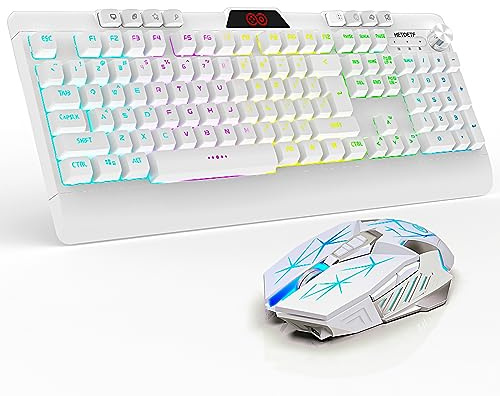 KBMSCITH H8 - Tastiera e mouse wireless per gaming, con batteria ricaricabile da 3800 mAh retroilluminata a LED, tastiera meccanica anti-ghosting con poggiapolsi + mouse 7D 3200DPI per Windows, Mac,
