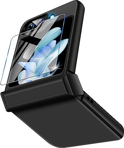 Vaki Handyhülle für Samsung Galaxy Z Flip 5 5G Hülle mit Displayschutzfolie, Ultra Dünn Leicht PC Schutzhülle Klapphülle Slim Kratzfest Firma Flip Case für Cover (Schwarz)