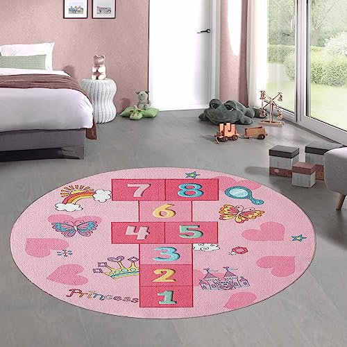 CARPETIA Hüpfkästchen Kinder-Spielteppich mit Herzen Krone & Prinzessinnen Burg in rosa, 160 cm rund