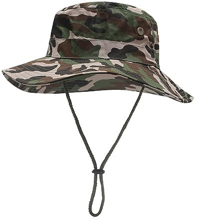 ZLYC Herren Camouflage Sonnenhut Safari Hut Mesh Outdoorhut Boonie Hut(8cm Krempe Tarnfarbe Armee Grün)