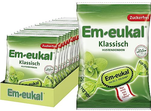 Em-eukal Hustenbonbon Klassisch, Zuckerfrei & laktosefrei, Lutschbonbons mit Eukalyptusöl & Menthol, Ohne Zucker – Großpackung 20x75g