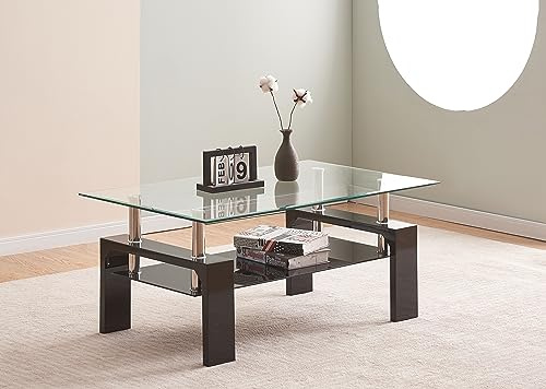 Furnizone UK Cosmo Clear Glass Top with Black Glass Shelf & Black High Gloss Legs Modern Coffee Table Home Living Room