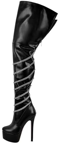 blingqueen Damen Plateau Overknee Stiletto Stiefel mit Ketten Punk Boots Schwarz 44 EU