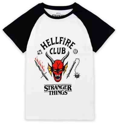 Stranger Things Hellfire Club Raglan T-shirt för barn | Pojkar Flickor Hawkins Society Eddie Svartvit Outfit | Säsong 4 Merchandise 13-14 år