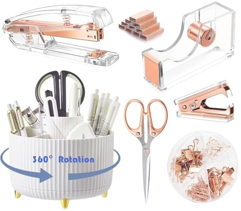 Gawsey Desk Organizers and Accessories Set with 360-Degree Rotating Pen Holder, Acrylic Stapler, Tape Holder, Staple Remover, Binder/Paper Clips Kit, Scissor and 1 Box of Staples