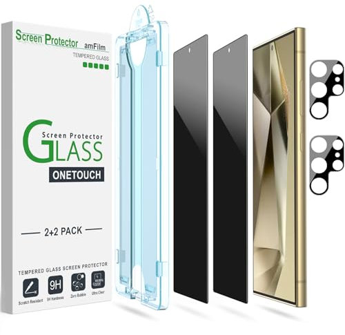 amFilm 2+2 Stück Sichtschutz Schutzfolie für Samsung Galaxy S24 Ultra 5G mit Kamera-Objektivschutz [Anti Spy and Privacy Protection] HD Clear mit Easy Installation Tray