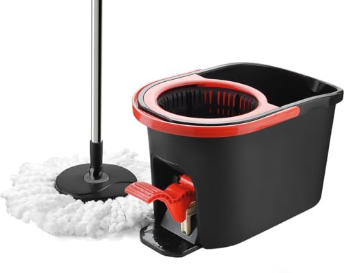BH | Spinner Mop Buckets Set | Foot Pedal Rotating Mop | Durable Plastic Cleaning Solution | Heavy Duty with Spinner for Hardwood Floor Cleaning (Black Red) - By BEST HOUSE