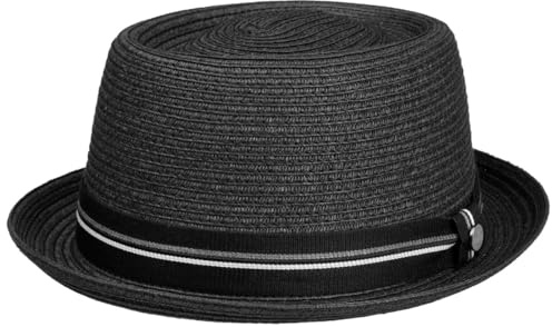 LIERYS Dawleys Pork Pie Toyo Strohhut Einfarbiger Hut Unisex Frühjahr Sommer Gestreiftes Garniturband Leicht Formstabil schwarz L (58-59 cm)