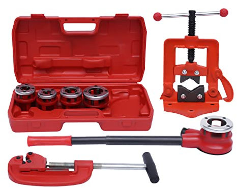 NirWa Kit a cricchetto per filiera Tubi Portatile con 5 matrici Set tagliatubi Portatile Strumento Idraulico con Custodia da Trasporto 3/8'', 1/2'', 3/4'', 1'', 1-1/4''
