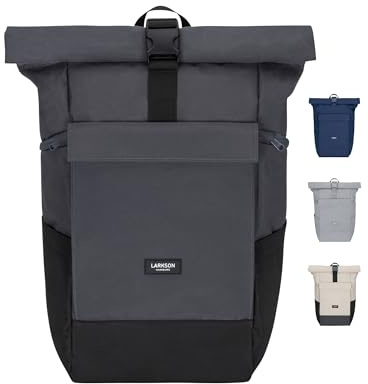 LARKSON Rucksack Damen & Herren Schwarz Grau - No 4 Large - Rolltop Backpack 21 L mit 16 Zoll Laptopfach Uni, Arbeit & Fahrrad - Großer Reiserucksack mit Trolley Strap