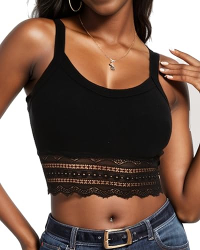 WOWENY Crop Tank Top Damen Sommer Eckigem Ausschnitt mit Spitze Sexy Ärmellose Gerippte Oberteil Bauchfrei Croptop Spitzen Oberteil Sommershirt,