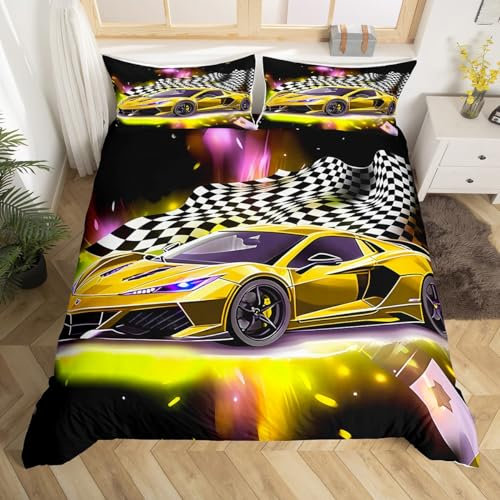 Homemissing Race Auto Betten Set Jungs Mädchen Gelb Luxus Auto Bettwäsche Set 155x220cm Ultra Weich Extreme Sports Thema Bettbezug Set Schwarz Weiß Gedruckt Bettdeckenbezug Dekor Reißverschluss