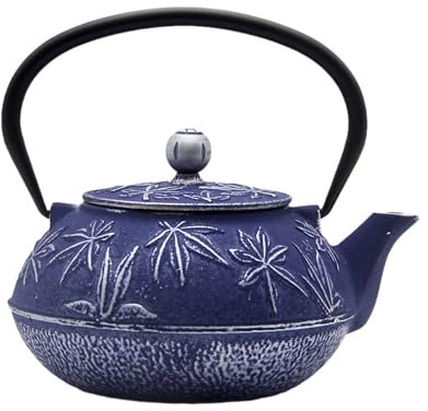 SECHUDO Teekessel aus Gusseisen mit Edelstahl-Teesieb für Herd, beschichtet, mit emaillierter Innenseite, japanisches Tetsubin-Muster mit Ahornblatt-Muster, 900 ml, Farbe 3