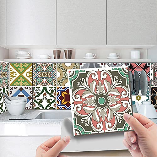 Fliesenaufkleber Farbige Blumen Selbstklebende Klebefliesen, Wandfliesen Aufkleber,Wasserdicht Fliesensticker Fur Kuche Badezimmer Dekorative Stickerfliesen,Wohnzimmer Dekoration10X10Cm