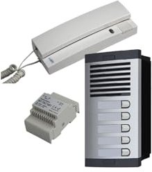 Sprechanlagen-Set – 2-Draht-Technik, einfache Installation, komplett für Mehrfamilienhäuser: Außensprechstelle, Unterputzdose, DIN-Netzteil 12V AC/1A und Haustelefone für 5 Wohneinheiten