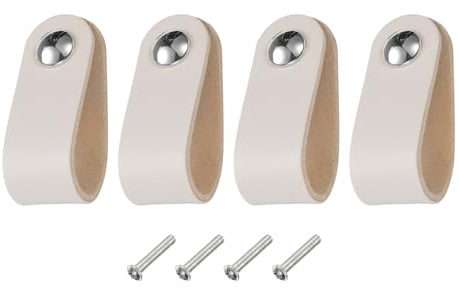 QUARKZMAN 4 Pack Leder Schubladengriffe, Einloch Leder Schubladenknauf Möbel Kommodengriffe mit Schrauben für Kommoden Schubladen Schrank Küchenschrank, Creme/Silber.