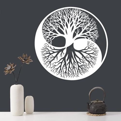 Metall-Wand-Kunst-Baum- - Metall Wanddeko Deko Für Die Wand | Rundes Eisen, Moderner Großer Baum, Wanddekoration Für -Außen- Und Innenwanddekoration, Schwarz, Weiß