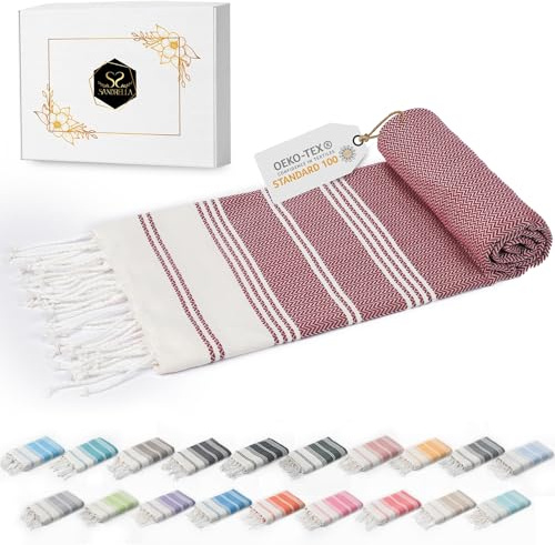 Sandrella Hamamtuch Sauna Damen & Herren groß 100x200 Baumwolle Strandtuch Decke Pestemal Geschenkset | dunkelrot