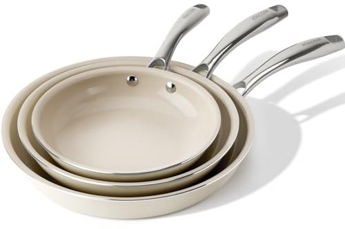 Kikcoin Juego de sartenes antiadherentes de cerámica, sartenes saludables no Toix para cocinar, sartenes de cerámica de 8, 9.5 y 11 pulgadas, con mango que se mantiene fresco, apto para lavavajillas y