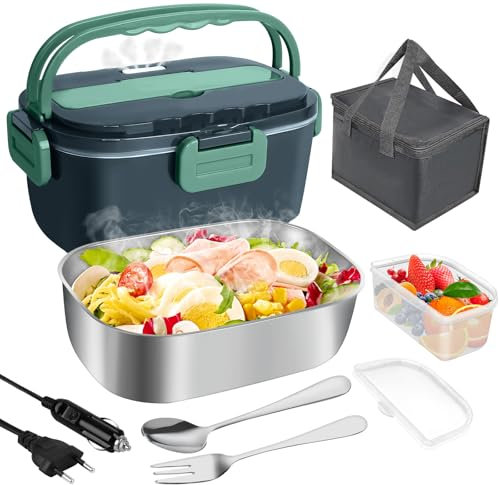 Gentre Portable Electric Lunch Box for Car Truck and Office 4 in 1 12 V/24 V/220 V ~ 240 V 1.5 L 60 W Stainless Steel Lunch Box, Compartments, Fork Spoon and Carry Bag