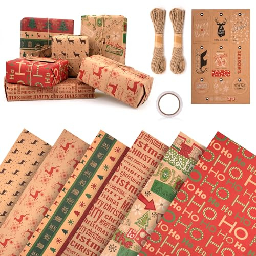 AYMQC Carta da Regalo Natalizia Set 6 Fogli Kraft Carta da Regalo Natale Riciclabile in 6 Modelli Unici di Elementi Natalizi per Regali di Natale 50x70 cm (Modello C)
