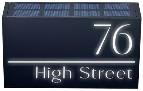 Personalised House Sign with Solar Light 180x280mm, Contemporary Address Number Plate with LED Illumination, Custom Street Name & House Number Plaque, Weatherproof Outdoor (Black, Horizontal Design)