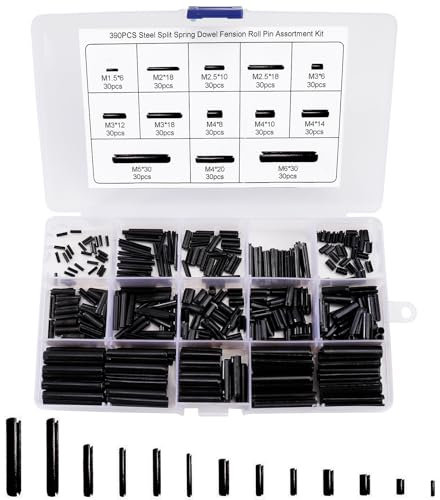 Tunejoy 390 Pezzi Perno di Tensione a Molla Spine Elastiche Rotoli Perni Intaglio Acciaio al Manganese Assortment Kit M1.5 M2 M2.5 M3 M4 M5 M6 con Scatola