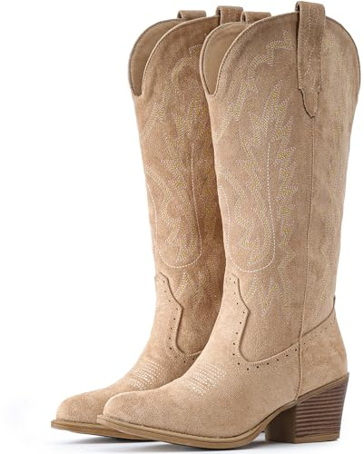 IUV Cowboystiefel aus Wildleder für Damen, klobiger Absatz, spitzer Zehenbereich, Cowgirl-Stiefel, wadenhoch, Western-Stickerei, aprikose, 39 EU