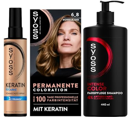 SYOSS Coloration 6_8 Dunkelblond (115 ml), 100% Grauabdeckung & Volumen Föhnschutz-Spray (200 ml), Hitzeschutz bis zu 230 °C, mit Keratin & Gliss Shampoo Colour Perfector (250 ml)