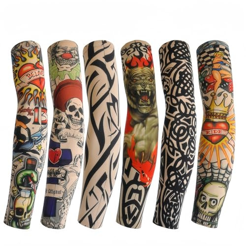 RUIOMII 6 Stück Tattoo-Ärmel, 100% Nylon, Luftdurchlässig und Komfortabel, Sonnenschutz Tattoo Ärmstrumpf für Fasching, Halloween, Unisex 38CM Tattoo Ärmel Herren und Frauen