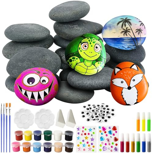 REJOECE 16 Kit de Peinture Sur Pierre Pour Enfants, 3-5cm de Plat Galets a Peindre Décorer Avec 12 Peintures, Pigment Lumineux, Kits de Loisirs Créatifs Enfants Adultes Cadeaux Set de Peinture