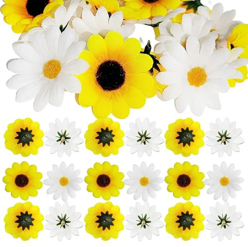 200 Klein Kunstblumen Blumenköpfe, Gänseblümchen Deko, Weiße Künstlich Gänseblümchen, künstliche Sonnenblumen Deko Gelb Sonnenblumen Künstlich für DIY Handwerk Hochzeit Party Kleidung Dekoration