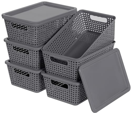 Anywish Plastic Storage Baskets With Lid, Storage Bins for Organizing, Stackable Decorative Containers for Shelves Drawers Desktop Closet Playroom Classroom Office, 6 Pack-Grey