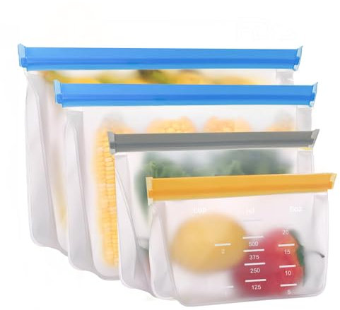 Sacchetti Freezer Riutilizzabili, 4 Pezzi Sacchetti per Alimenti in Silicone, Sacchetti Alimenti Richiudibili, Senza BPA/Con Zip, Sacchetti per il Pranzo a Tenuta, per Frutta/Verdura/Carne