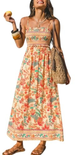 CUPSHE Vestido Maxi para Mujer con Estampado Floral Ditsy sin Mangas Fruncido con Volantes Tirantes Espagueti Vestidos Largos de Verano para Playa, Naranja Floral, M