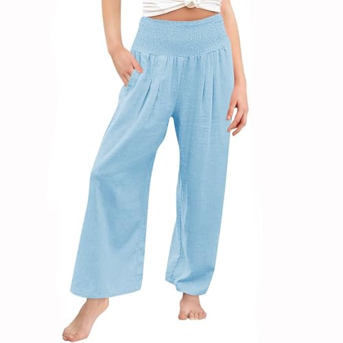 Mjjsk Flickor linnebyxor Elastisk midja Breda ben Sommar Andas Byxor Barn Mjuk Lätt Casual Byxor Bekväma Byxor, A-1-himmelsblå, 13-14 År