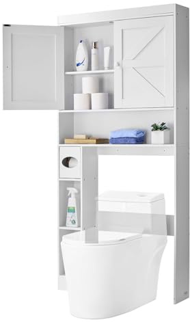 VEVOR Meuble de Rangement WC Hauteur 171,3 cm, Rangement au Dessus des Toilettes ou Machine à Laver, avec Double Porte et Étagère Réglable Ouverte, Armoire de Salle de Bain Gain de Place, Blanc