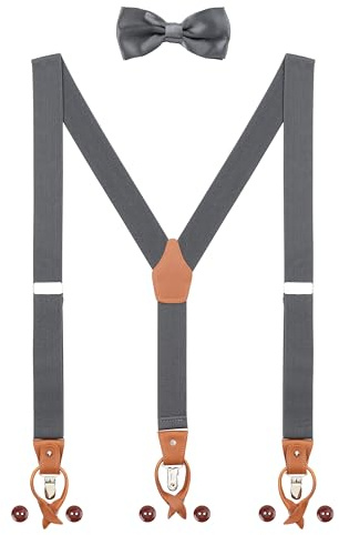 WANYING Herren Hosenträger Fliege Set 2 WAY TO WEAR Y-Form 3 Clips 6 Leder Knopfloch 3,5cm Breit Verlängerte Hosenträger - Grau
