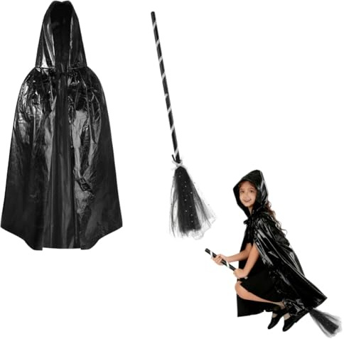 SIQITECHUK Kids Witch Costume with Broom Child Wizard Cape Broomstick Hooded Cloak for Halloween Cosplay Party Role Play Props (Black)