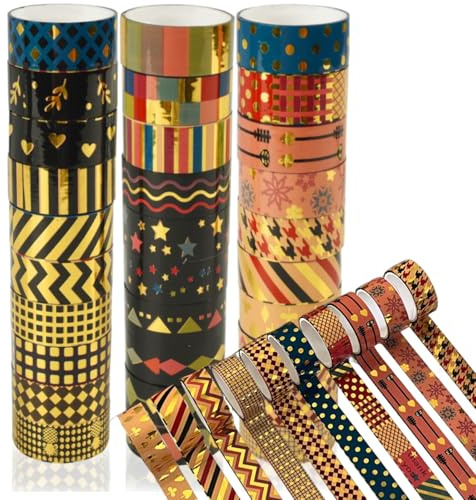 BetterJonny 30 Rollen Gold Washi Tape, Glitzer Washi Tape Set Klebeband Bunt Abklebeband Kinder Klebeband Bunt für Scrapbooking,Valentinstag DIY Handwerk und Bullet Journals (3mx15mm/Rollen)-B