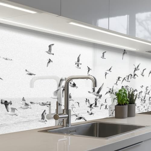 KitchenYeah© Splashback for Kitchen self-Adhesive Wall Protector Decor | 24x98 / 60x250 cm - Panels Cooker Backsplash Sea - Birds - Nature - Seagulls