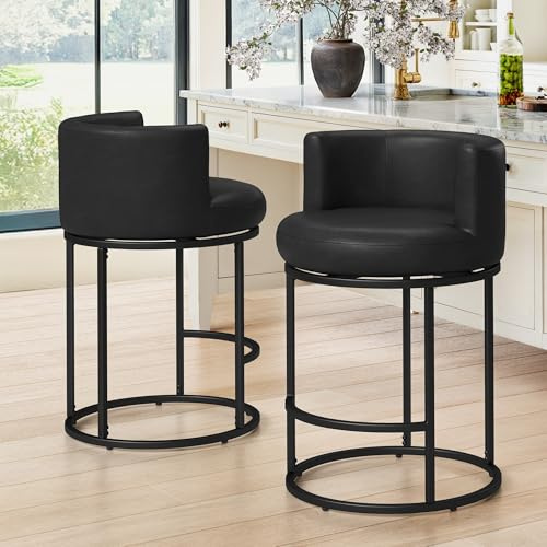 LUE BONA Barhocker 2er Set mit Lehne, 180°drehbarer Barstuhl, 66 cm hoher moderner tonnenförmiger Barhocker mit Metallbeinen und Fußstütze, Drehhocker für Küchen und Theken, Schwarz–Kunstleder