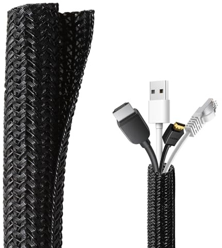 16.4ft - 1/2 Inch Braided Cable Sleeve Black, Wire Protector from Pets