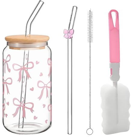 nuneoeuo 5PCS Glass Cups with Lids and Straws, Bow Glass Cup, Matcha Cups Pink Bow Cup Set for Bubble Tea Coffee Versatile and Stylish Drinking Gifts for Women Girls Friends