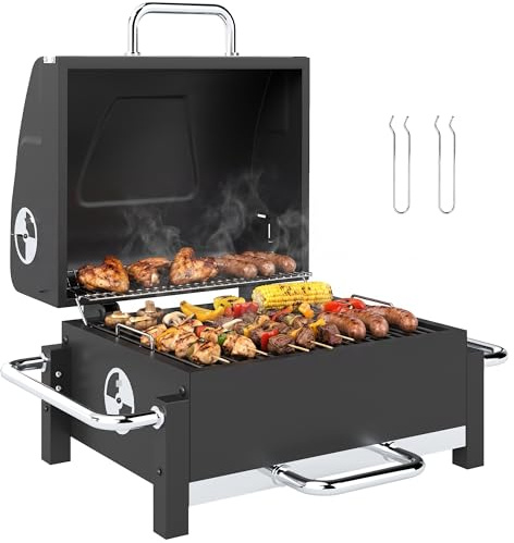 Outsunny Barbecue Carbonella con Prese d'Aria, Raccogli Cenere, Barbecue Portatile con Termometro, Griglia, Coperchio, Manico Acciaio Inox, BBQ Carbonella per Giardino Campeggio, Nero